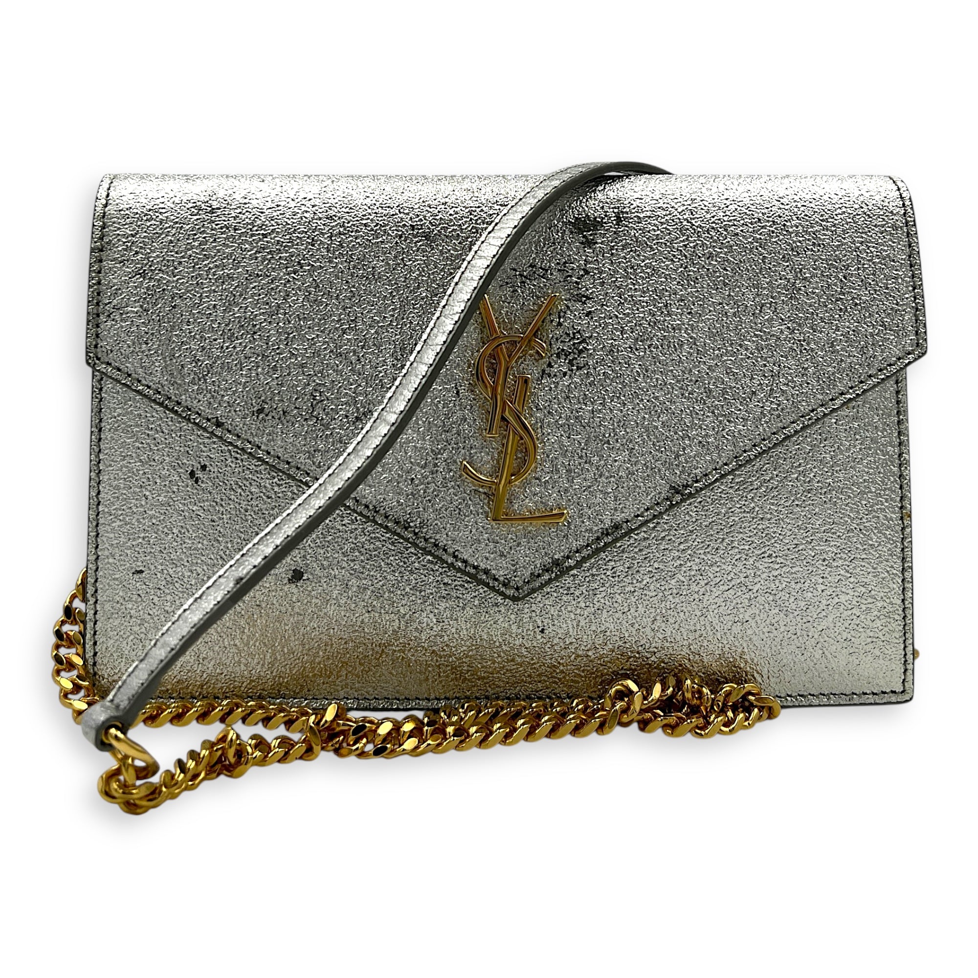 Logo Wallet On Chain Silver in Calfskin, Gold hardware
