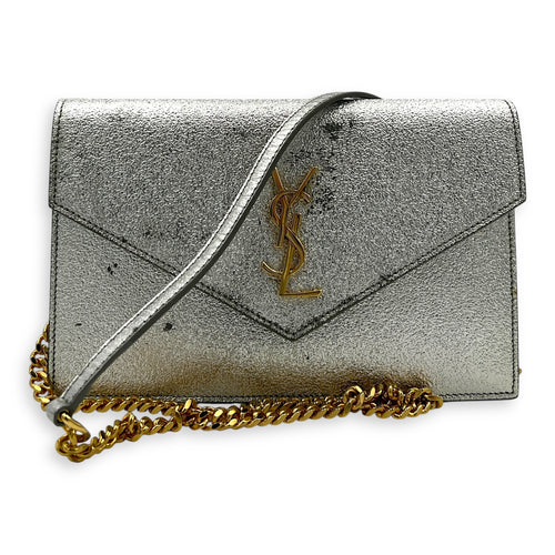 Logo Wallet On Chain Silver in Calfskin, Gold hardware