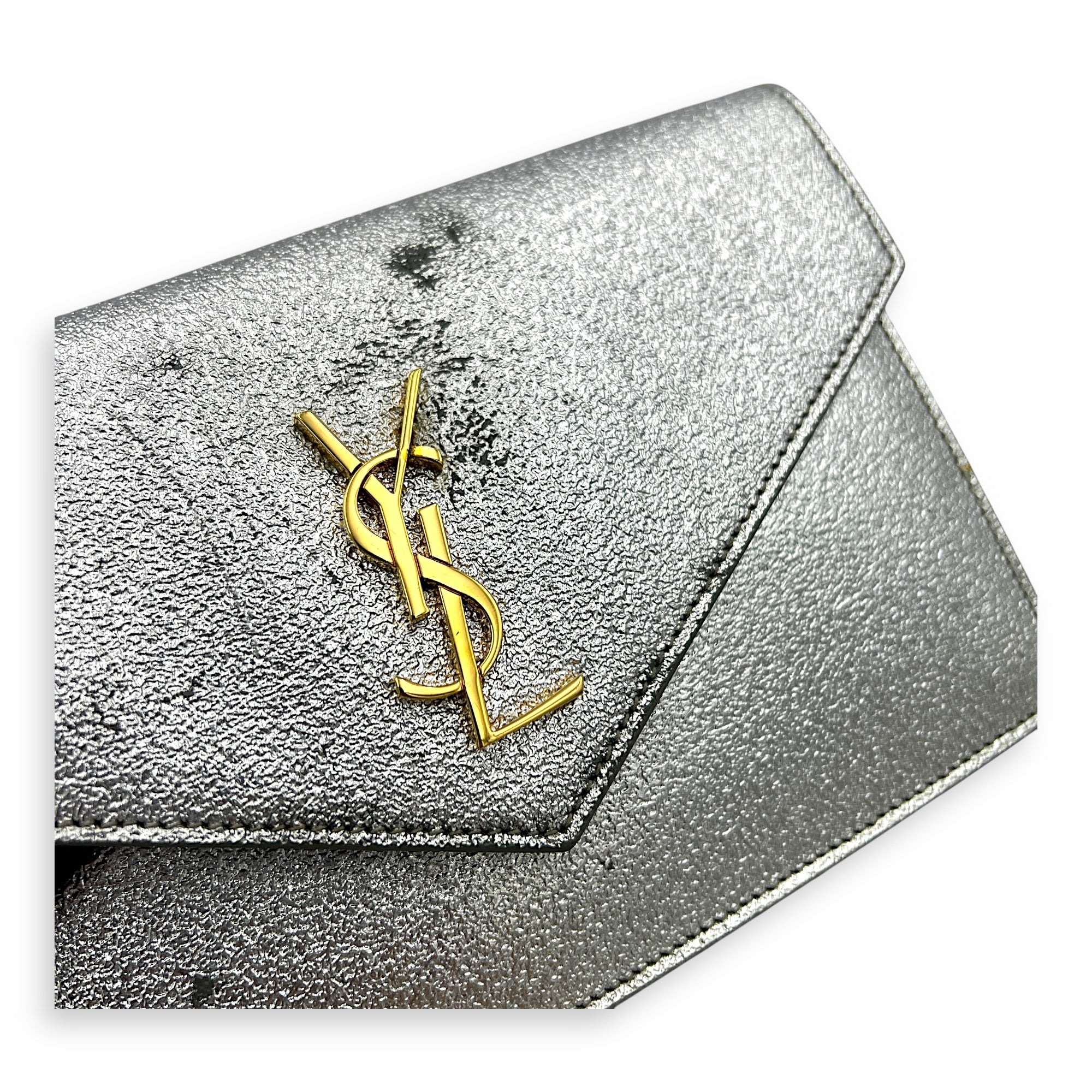 Logo Wallet On Chain Silver in Calfskin, Gold hardware