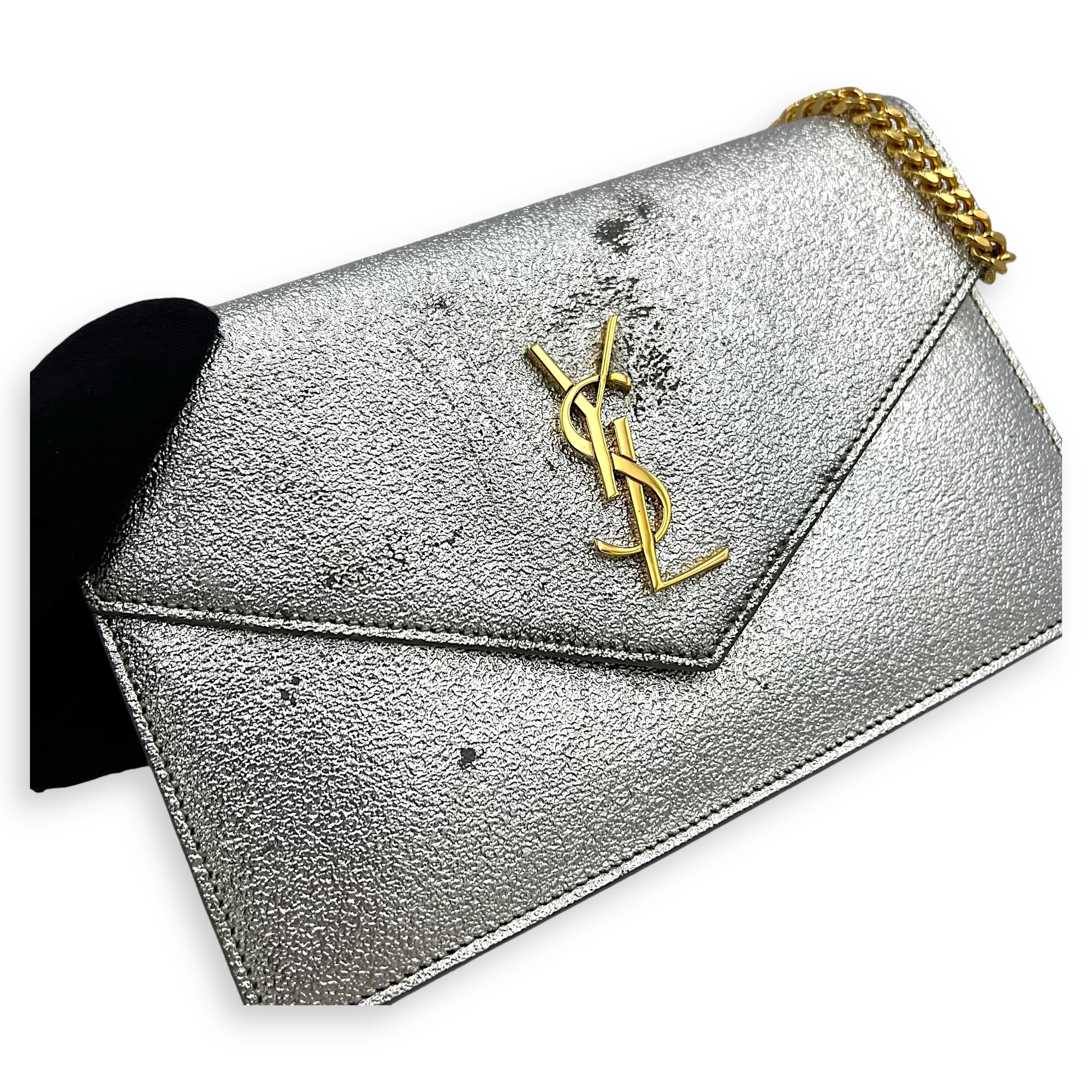 Logo Wallet On Chain Silver in Calfskin, Gold hardware