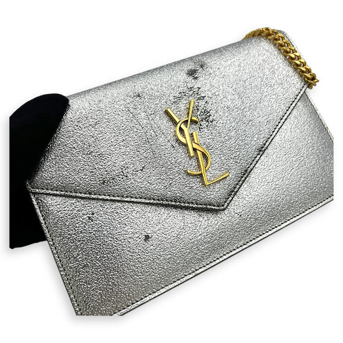 Logo Wallet On Chain Silver in Calfskin, Gold hardware