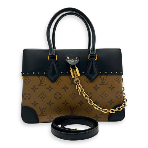 City Malle Top Handle Bag MM Brown in Coated Canvas, Gold hardware