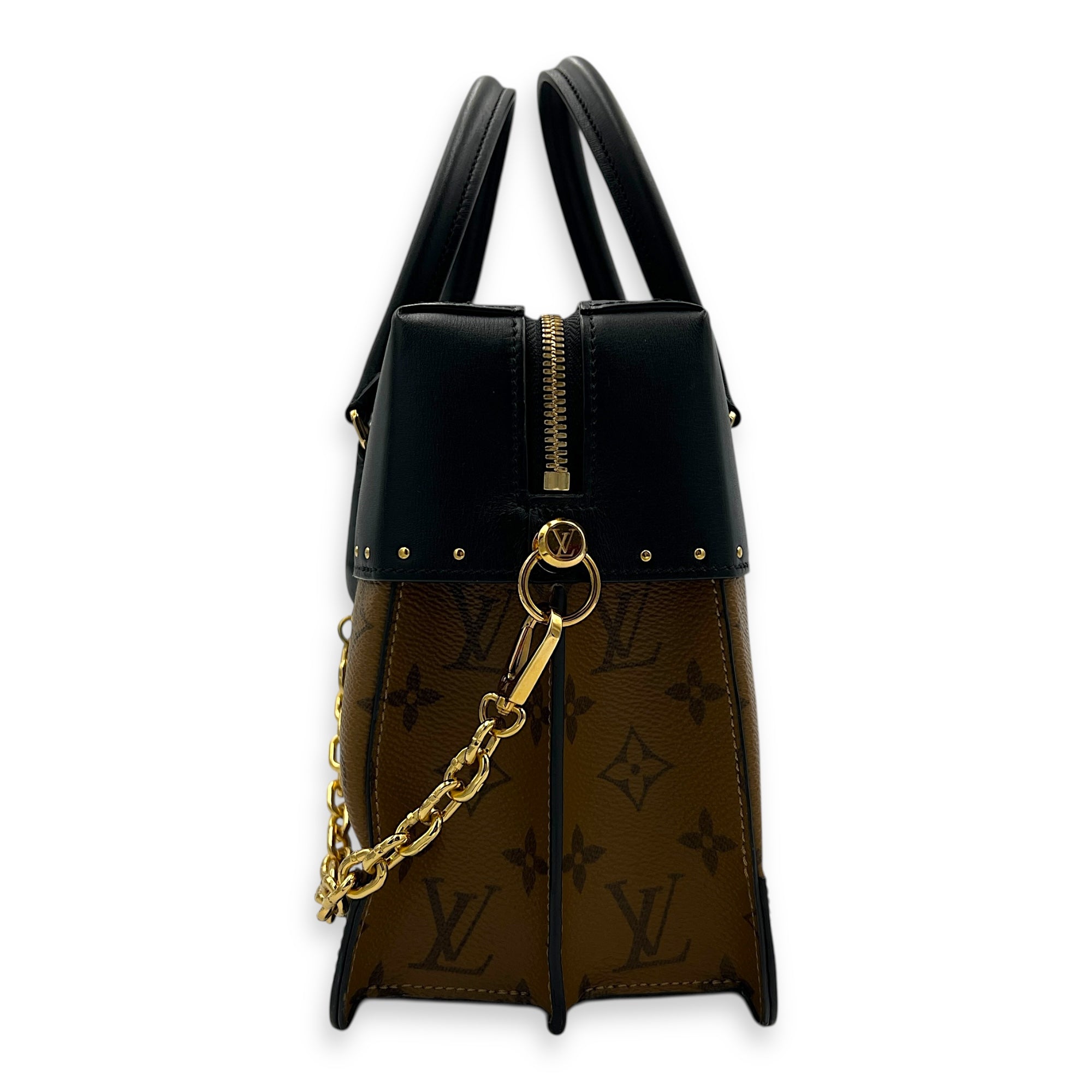 City Malle Top Handle Bag MM Brown in Coated Canvas, Gold hardware