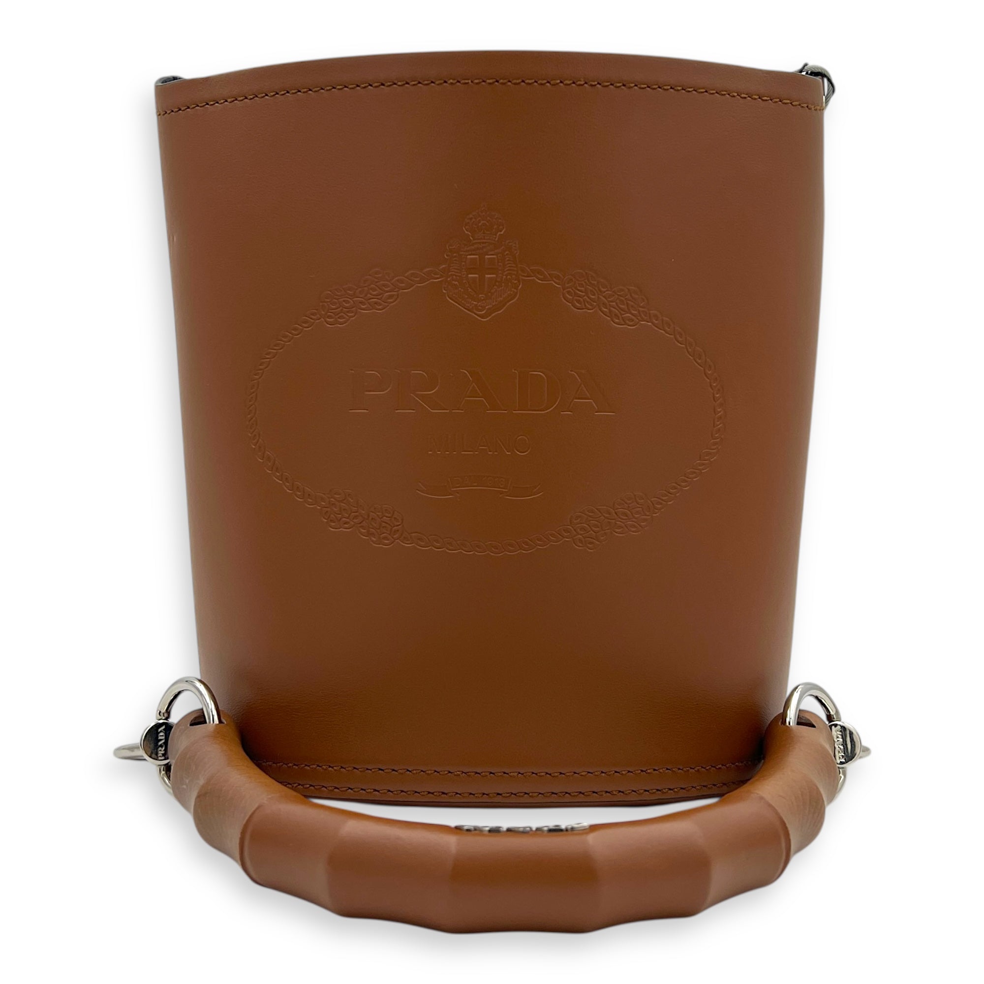 Tambour Brown Bucket Bag in Calfskin, Silver hardware