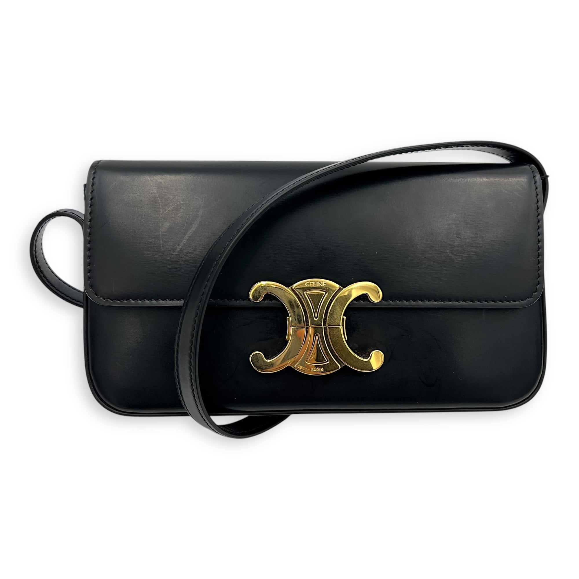Triomphe Claude Black Shoulder Bag in Calfskin, Gold hardware