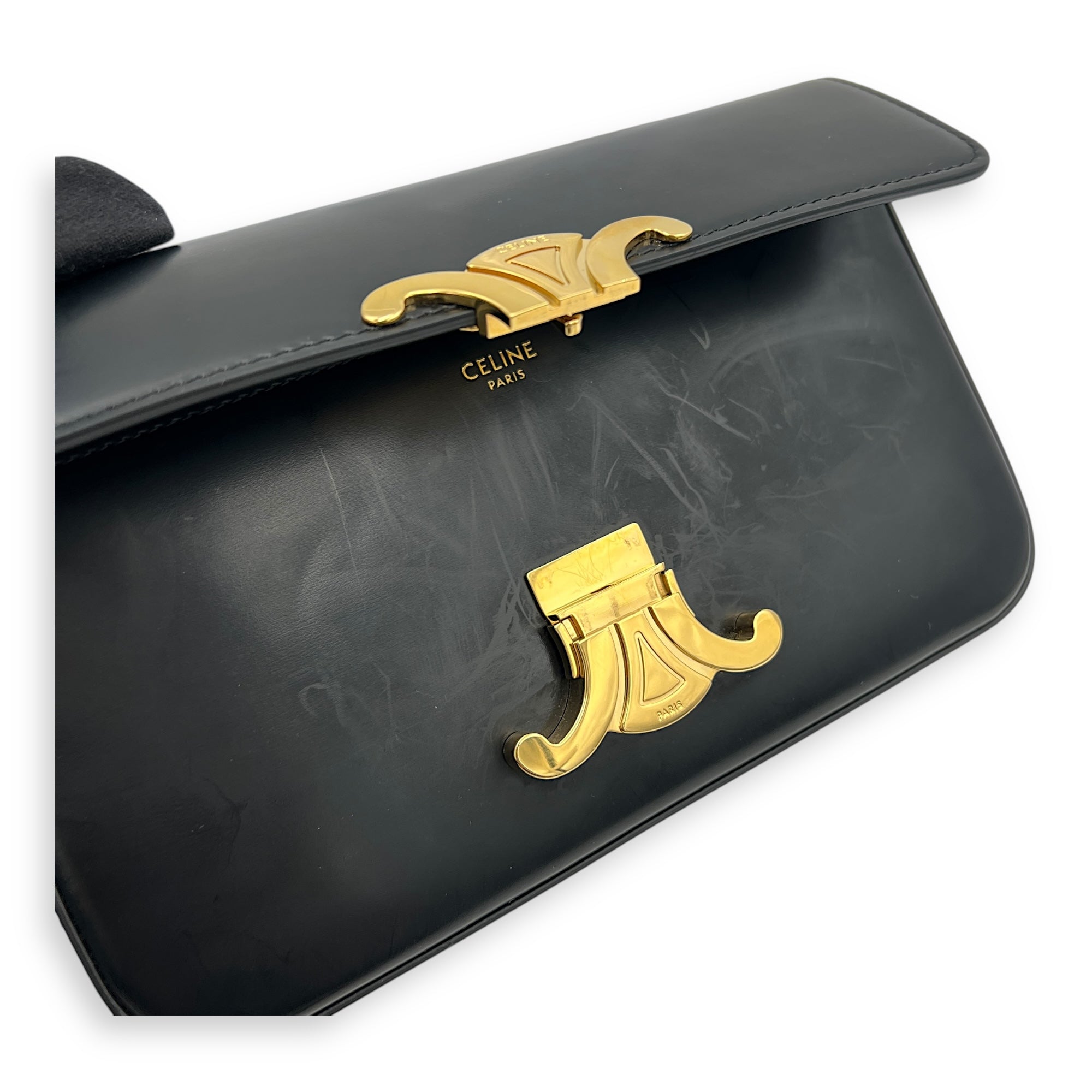 Triomphe Claude Black Shoulder Bag in Calfskin, Gold hardware