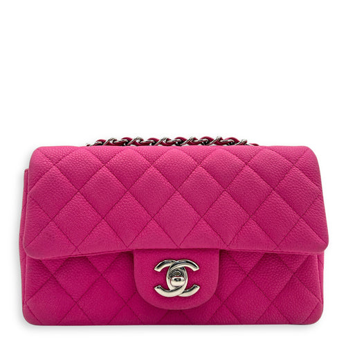 Rectangle Flap Small Pink Crossbody Bag in Caviar Leather, Silver hardware