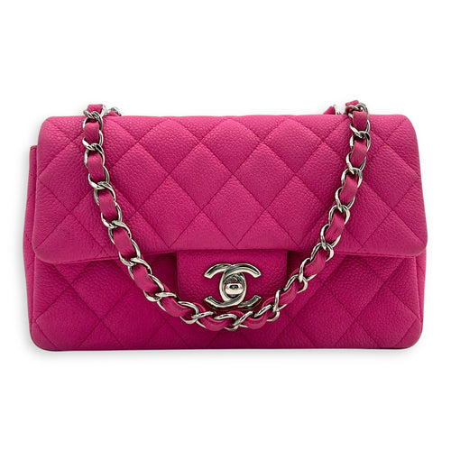 Rectangle Flap Small Pink Crossbody Bag in Caviar Leather, Silver hardware