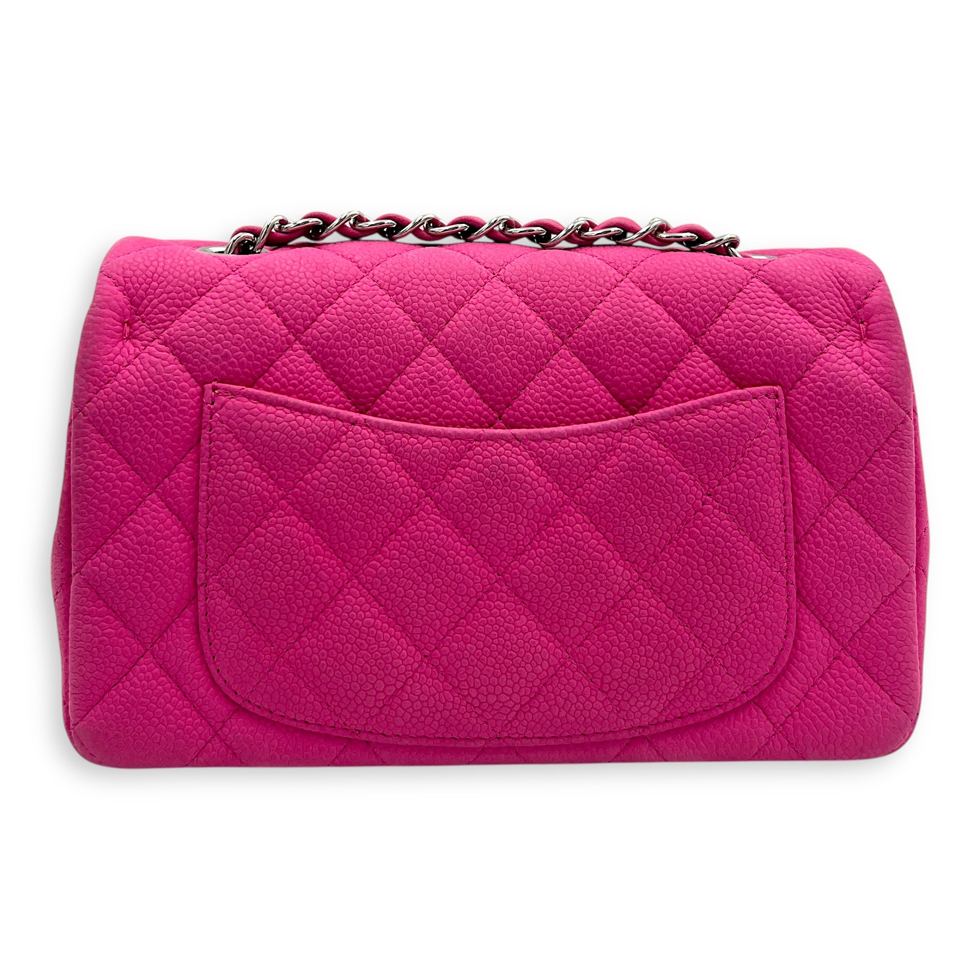Rectangle Flap Small Pink Crossbody Bag in Caviar Leather, Silver hardware