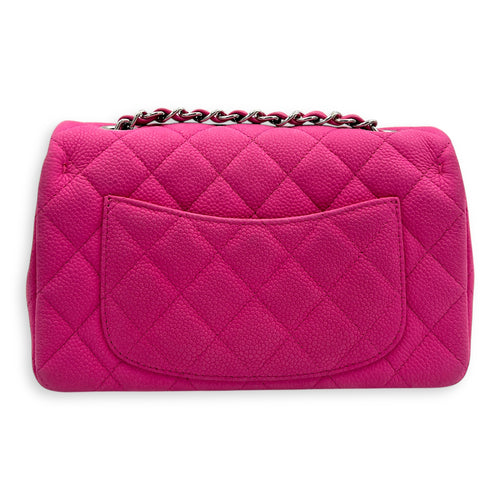 Rectangle Flap Small Pink Crossbody Bag in Caviar Leather, Silver hardware