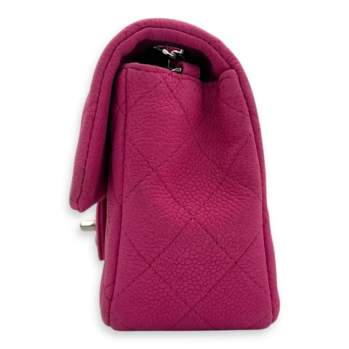 Rectangle Flap Small Pink Crossbody Bag in Caviar Leather, Silver hardware