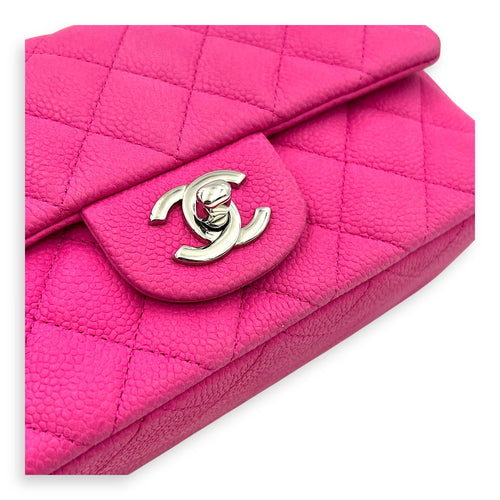 Rectangle Flap Small Pink Crossbody Bag in Caviar Leather, Silver hardware