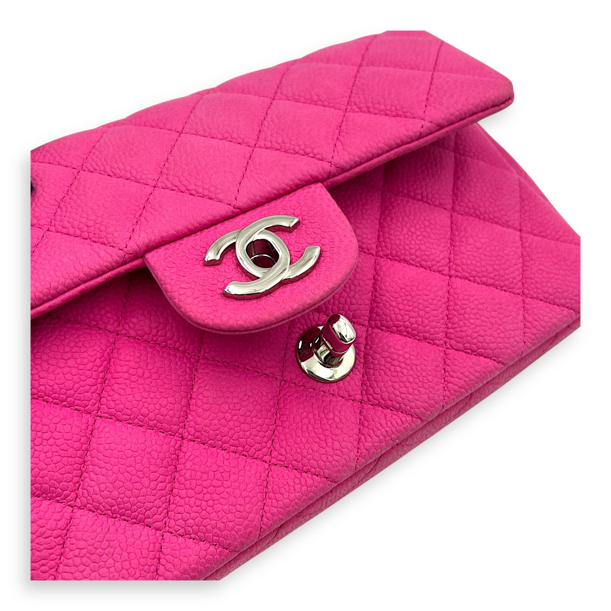 Rectangle Flap Small Pink Crossbody Bag in Caviar Leather, Silver hardware