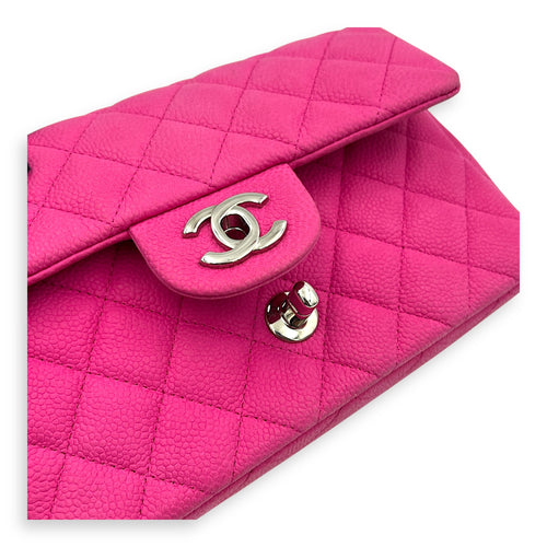 Rectangle Flap Small Pink Crossbody Bag in Caviar Leather, Silver hardware
