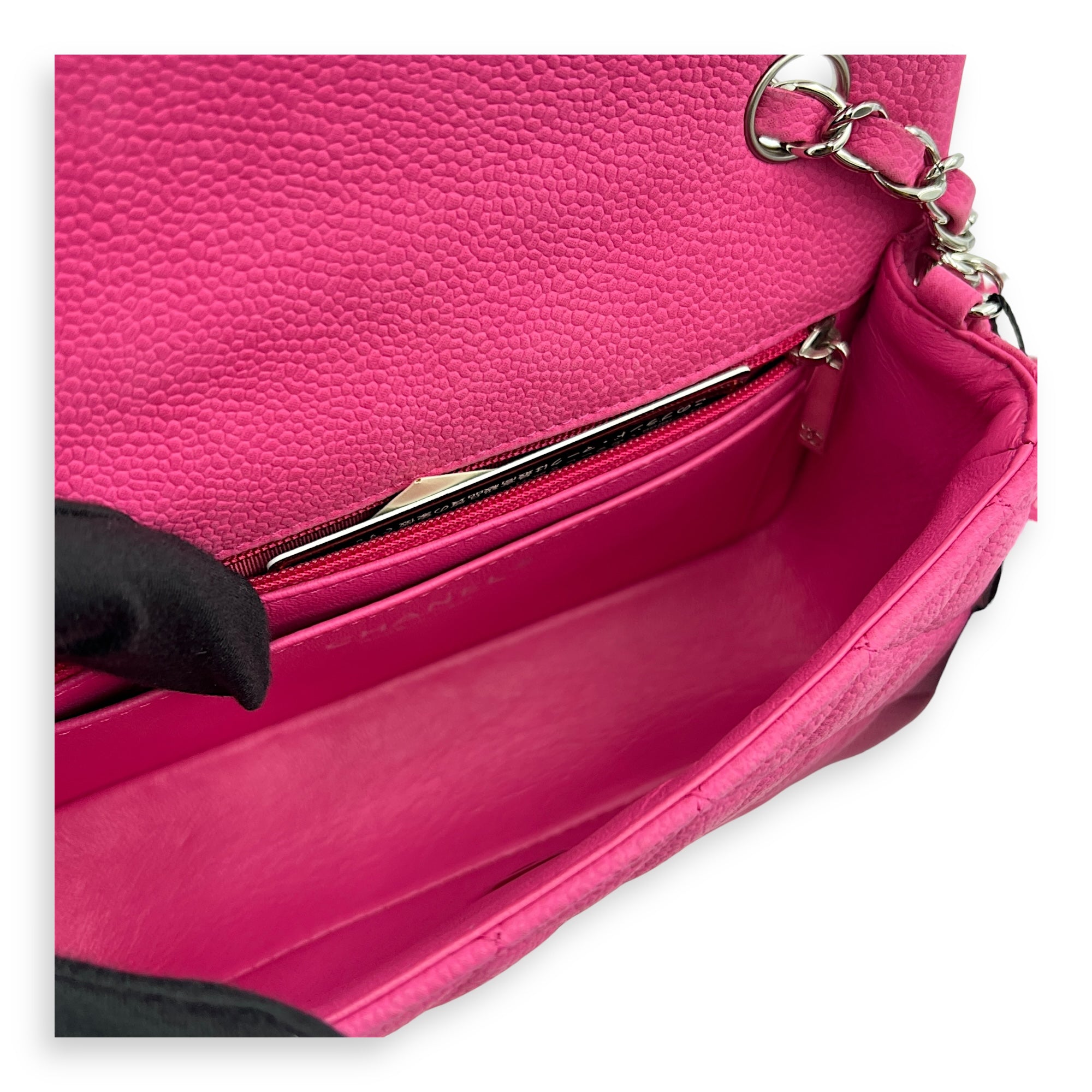 Rectangle Flap Small Pink Crossbody Bag in Caviar Leather, Silver hardware