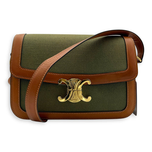 Triomphe Teen Khaki and Brown Shoulder Bag in Canvas, Gold hardware