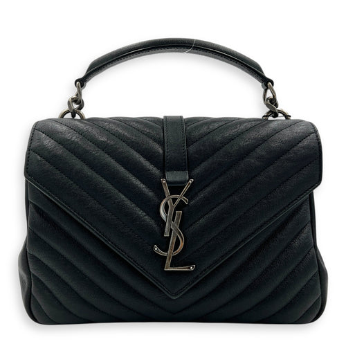 College Medium Black Shoulder Bag in Calfskin, Silver hardware