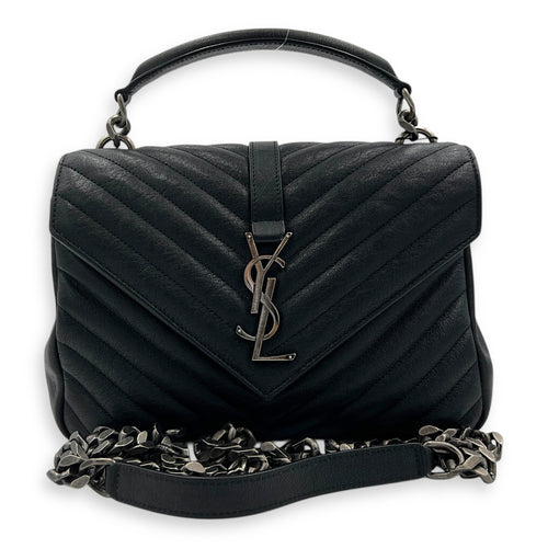 College Medium Black Shoulder Bag in Calfskin, Silver hardware