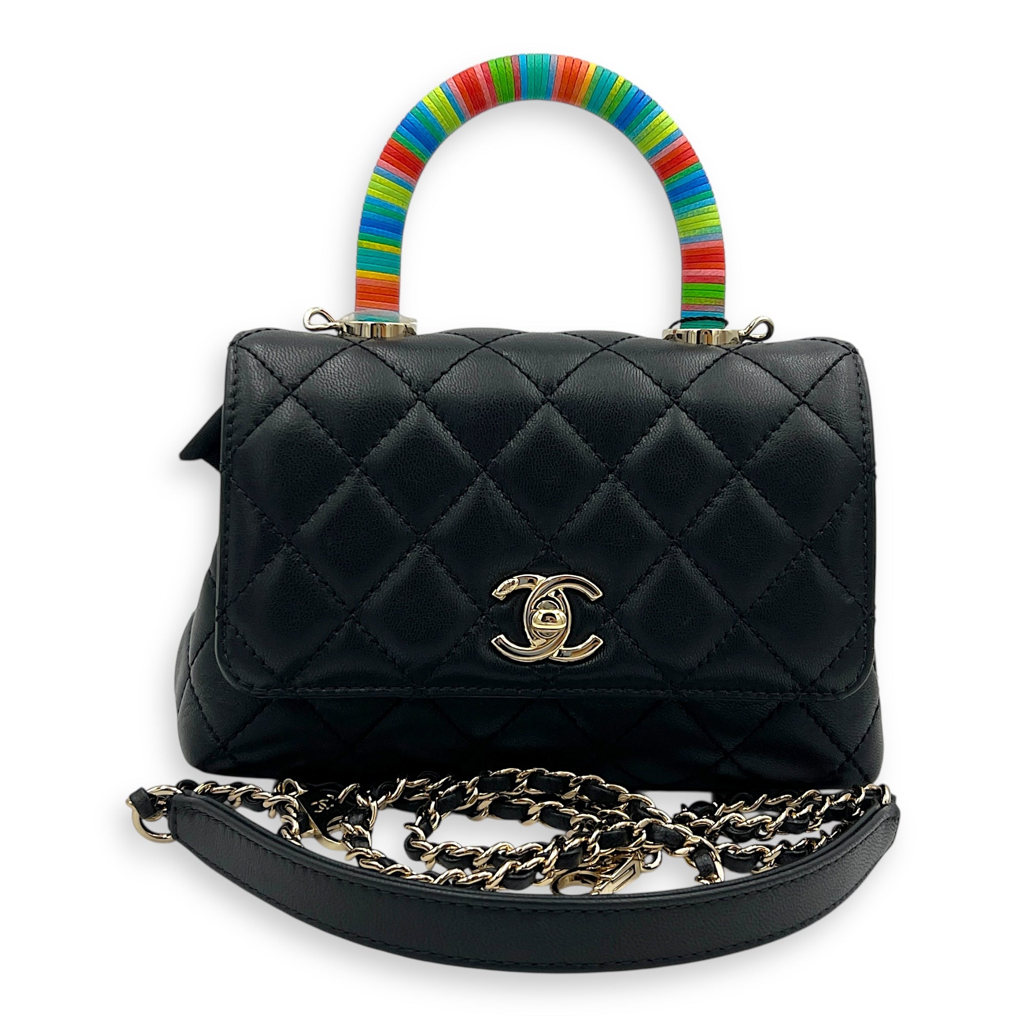 Flap Top Handle Bag Mini Black in Lambskin, Silver hardware
