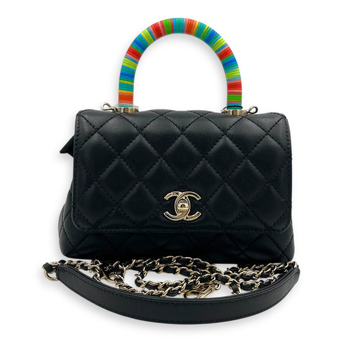 Flap Top Handle Bag Mini Black in Lambskin, Silver hardware