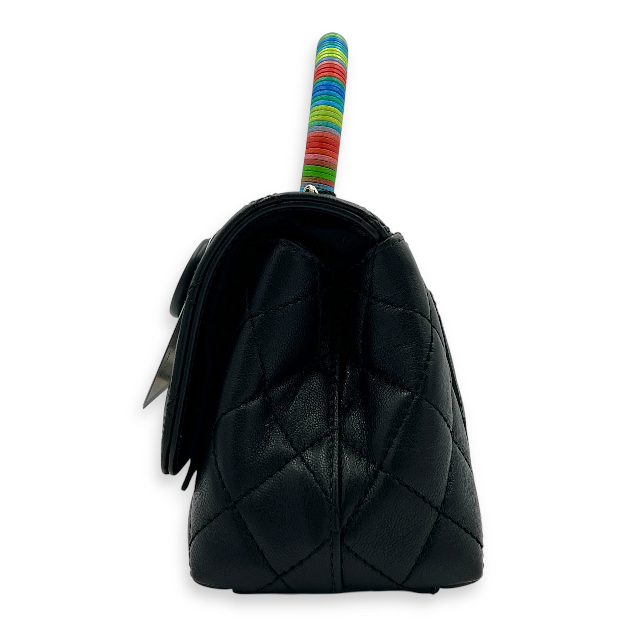 Flap Top Handle Bag Mini Black in Lambskin, Silver hardware