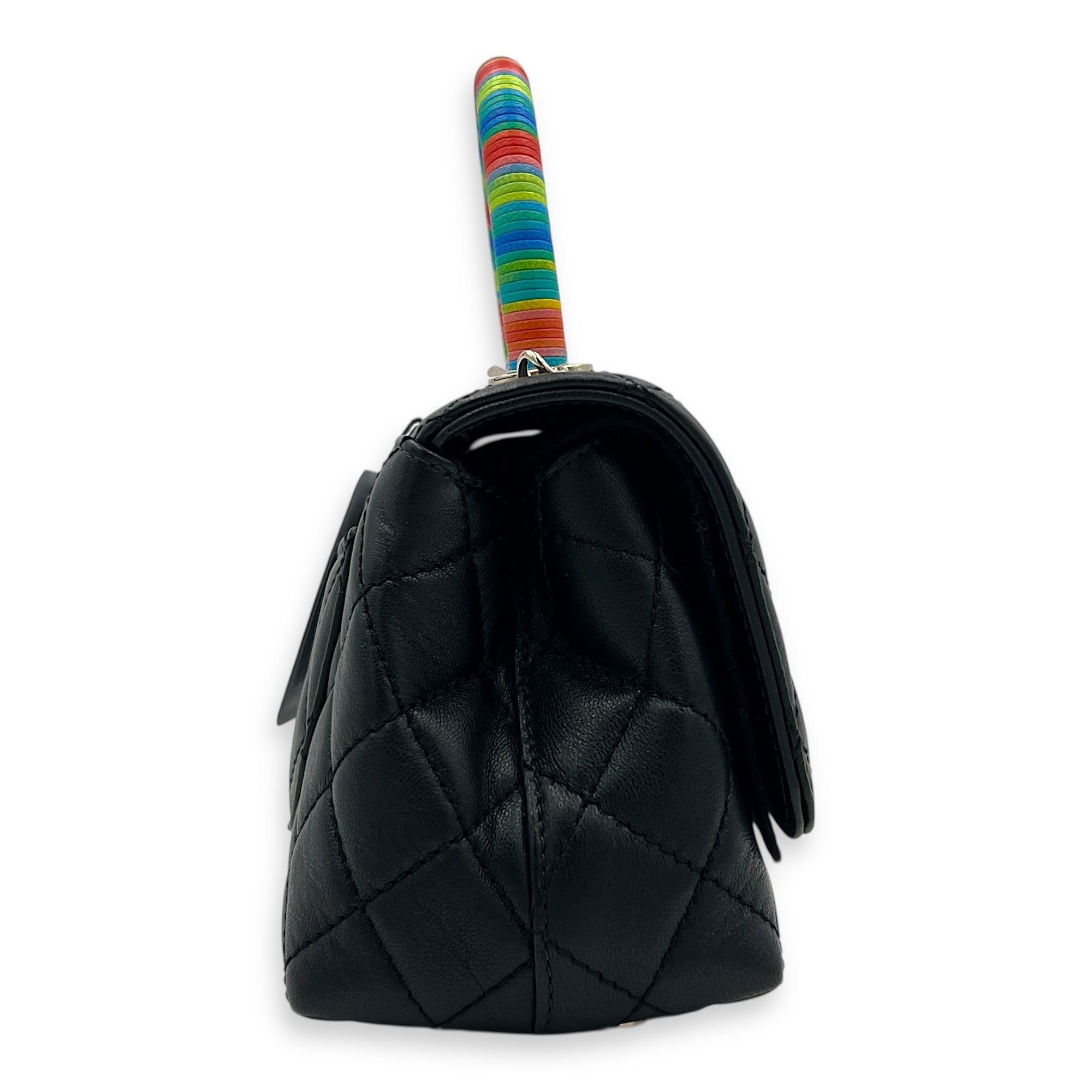 Flap Top Handle Bag Mini Black in Lambskin, Silver hardware