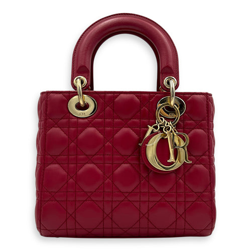 Lady Dior Small Red Top Handle Bag in Lambskin, Gold hardware