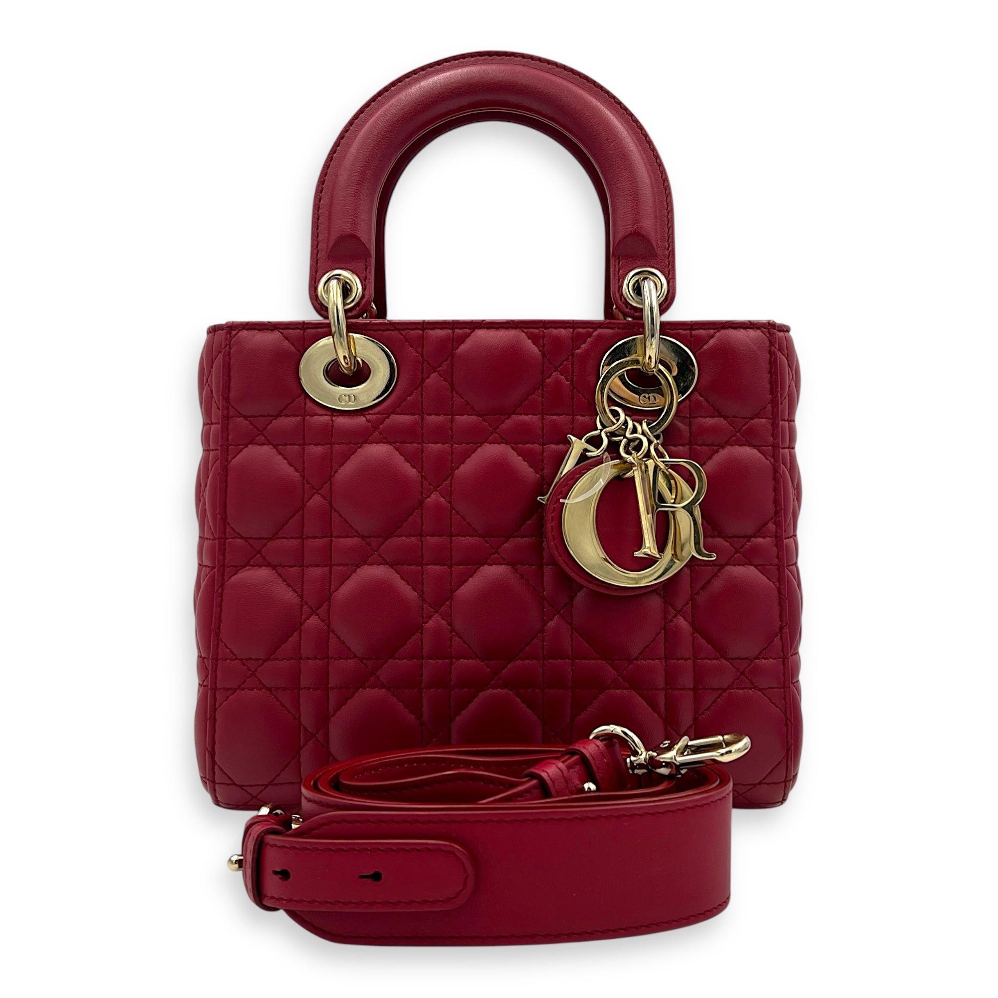 Lady Dior Small Red Top Handle Bag in Lambskin, Gold hardware