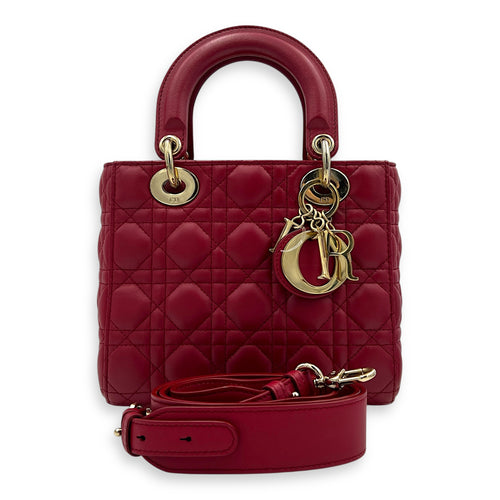 Lady Dior Small Red Top Handle Bag in Lambskin, Gold hardware
