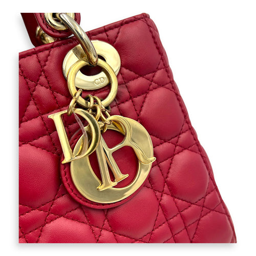 Lady Dior Small Red Top Handle Bag in Lambskin, Gold hardware