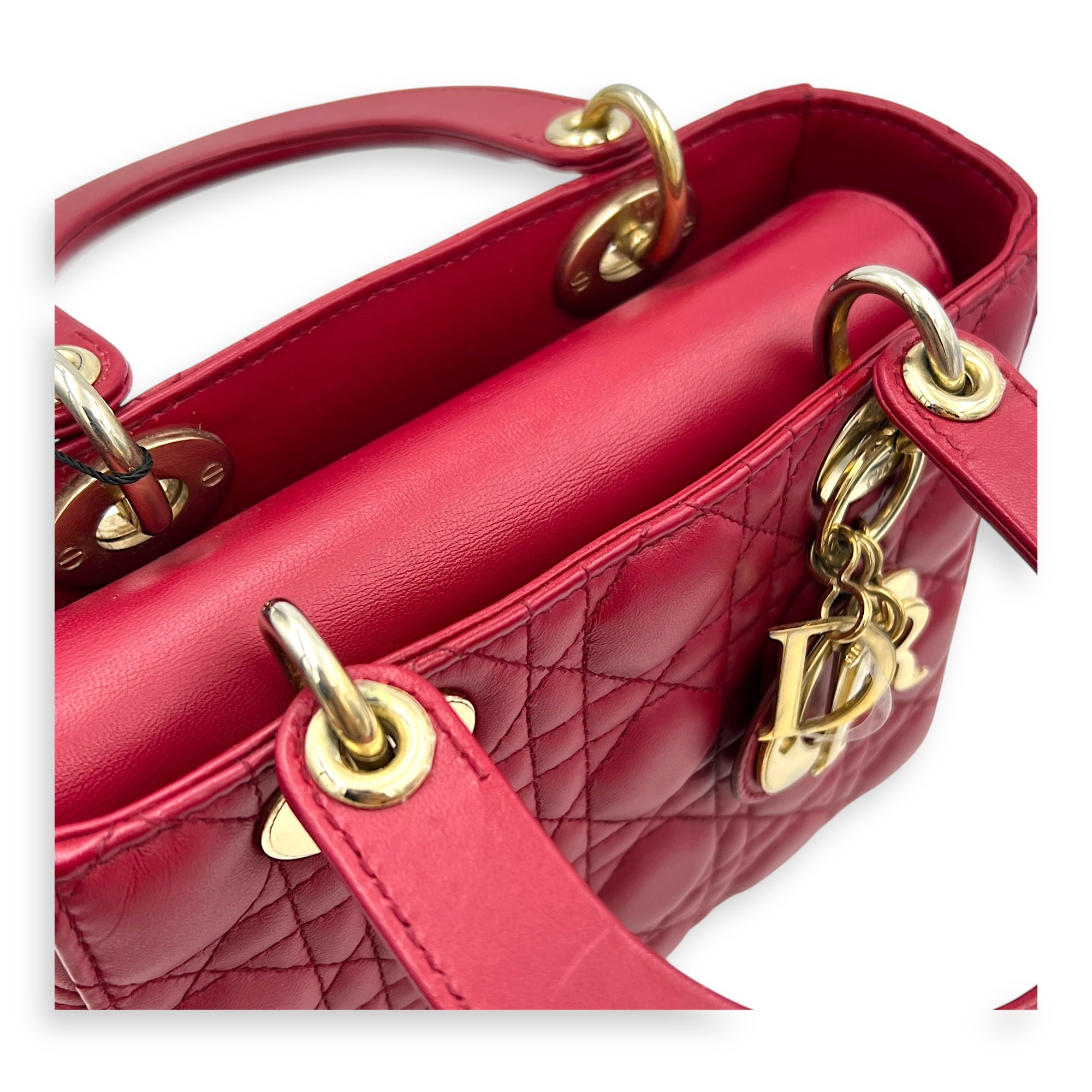 Lady Dior Small Red Top Handle Bag in Lambskin, Gold hardware