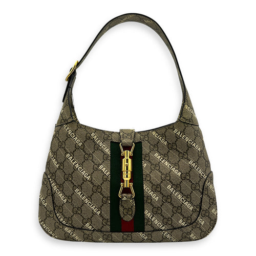 Jackie 1961 Grey Shoulder Bag in Coated Canvas, Gold hardware