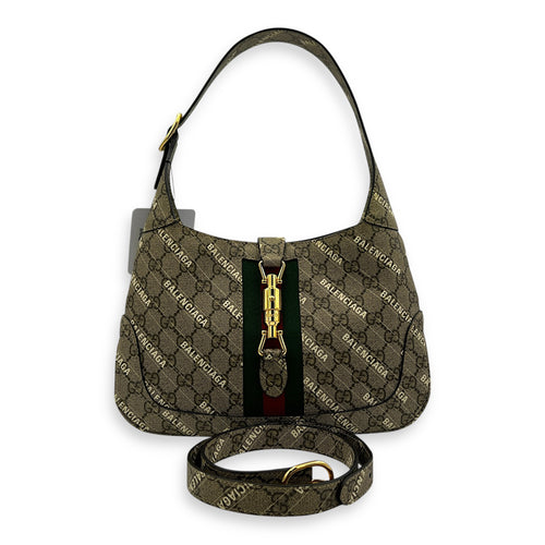 Jackie 1961 Grey Shoulder Bag in Coated Canvas, Gold hardware