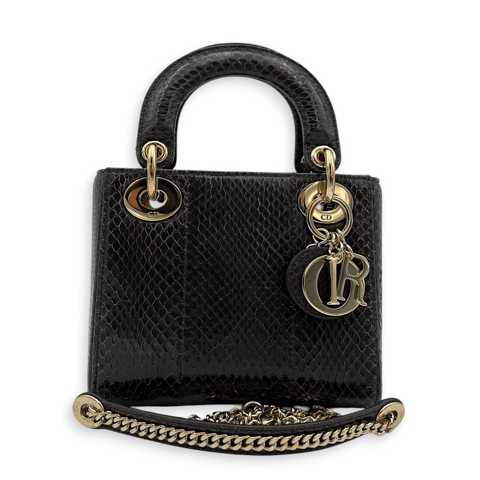 Lady Dior Top Handle Bag Mini Grey in Python Leather, Gold hardware