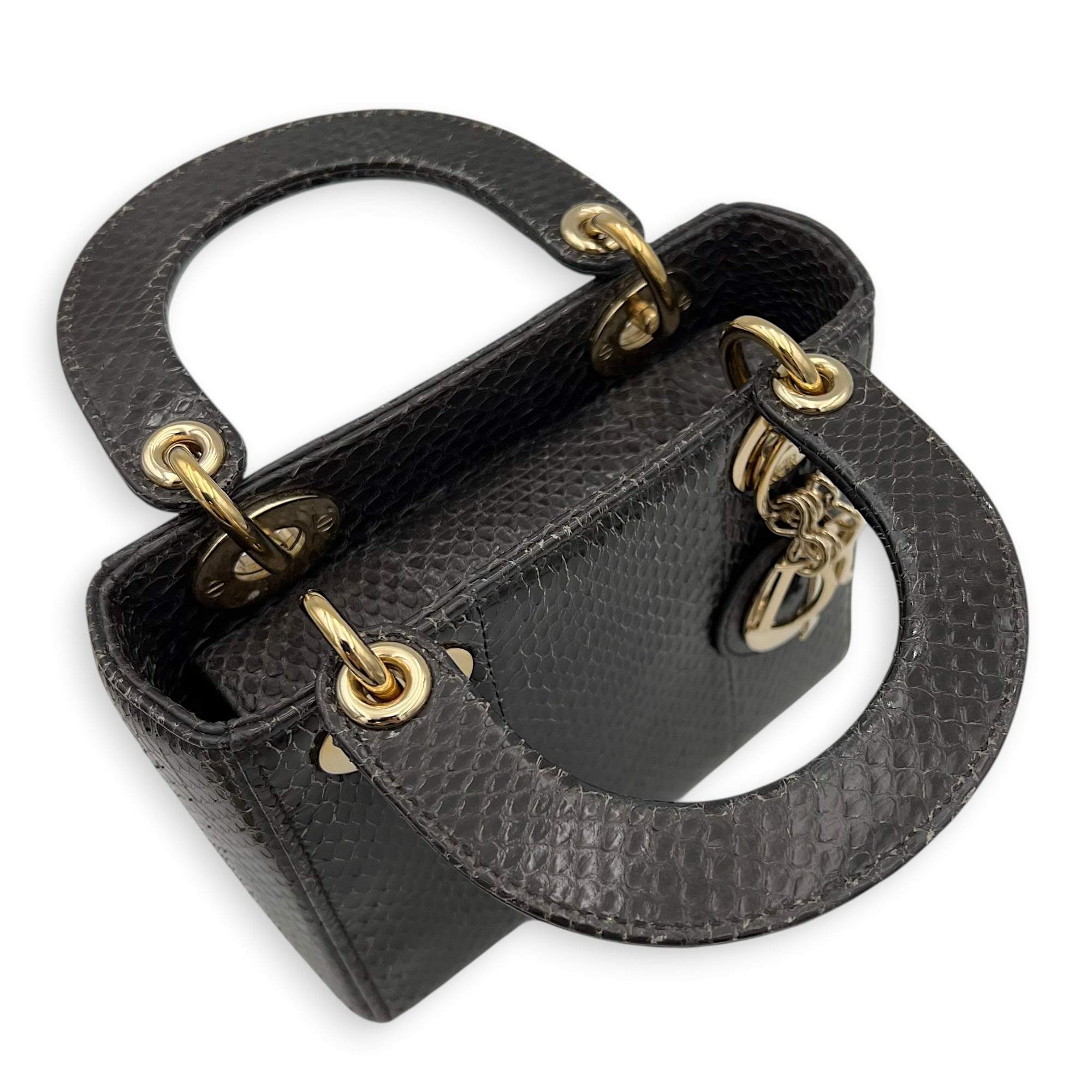 Lady Dior Top Handle Bag Mini Grey in Python Leather, Gold hardware