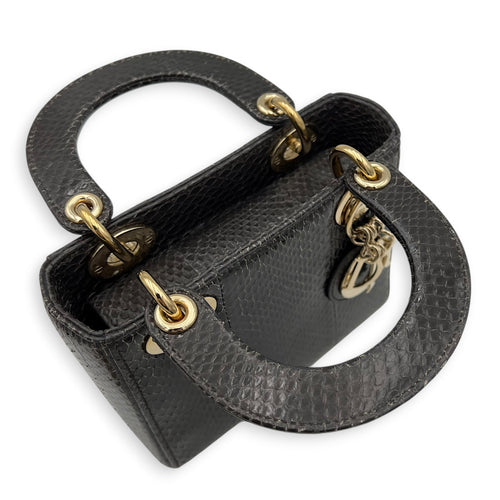 Lady Dior Top Handle Bag Mini Grey in Python Leather, Gold hardware