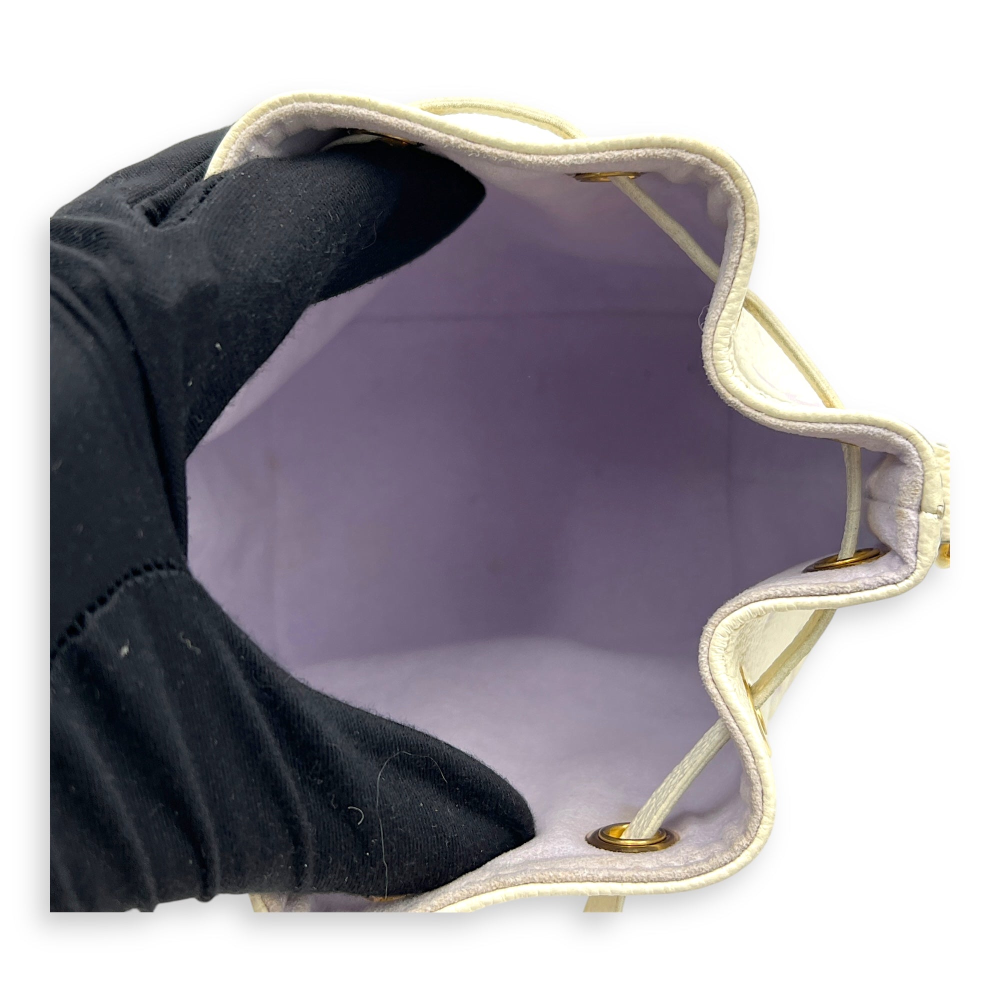 Noe Nano Bubble Tea Lilac/White Bucket Bag in Empreinte Leather, Gold hardware