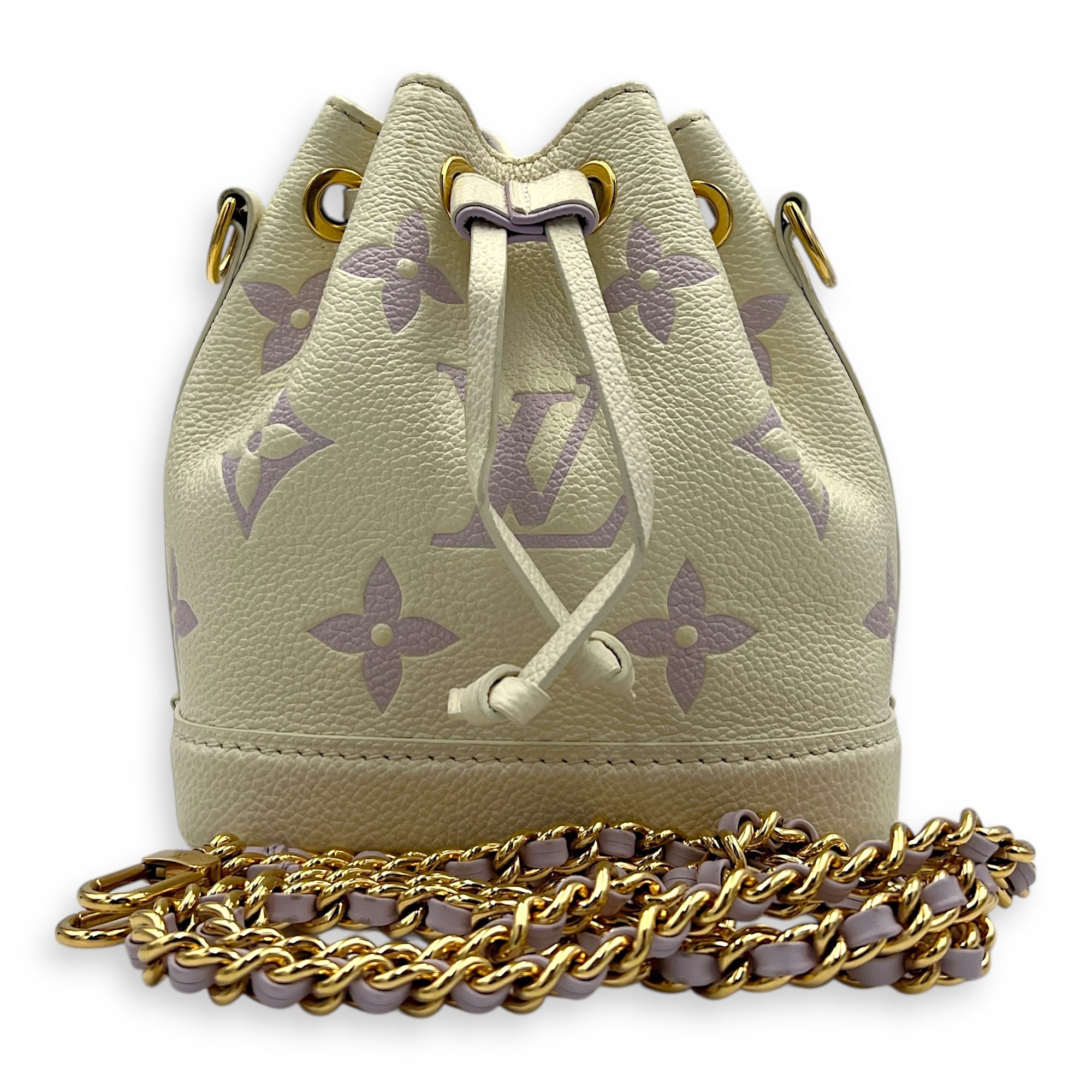 Noe Nano Bubble Tea Lilac/White Bucket Bag in Empreinte Leather, Gold hardware