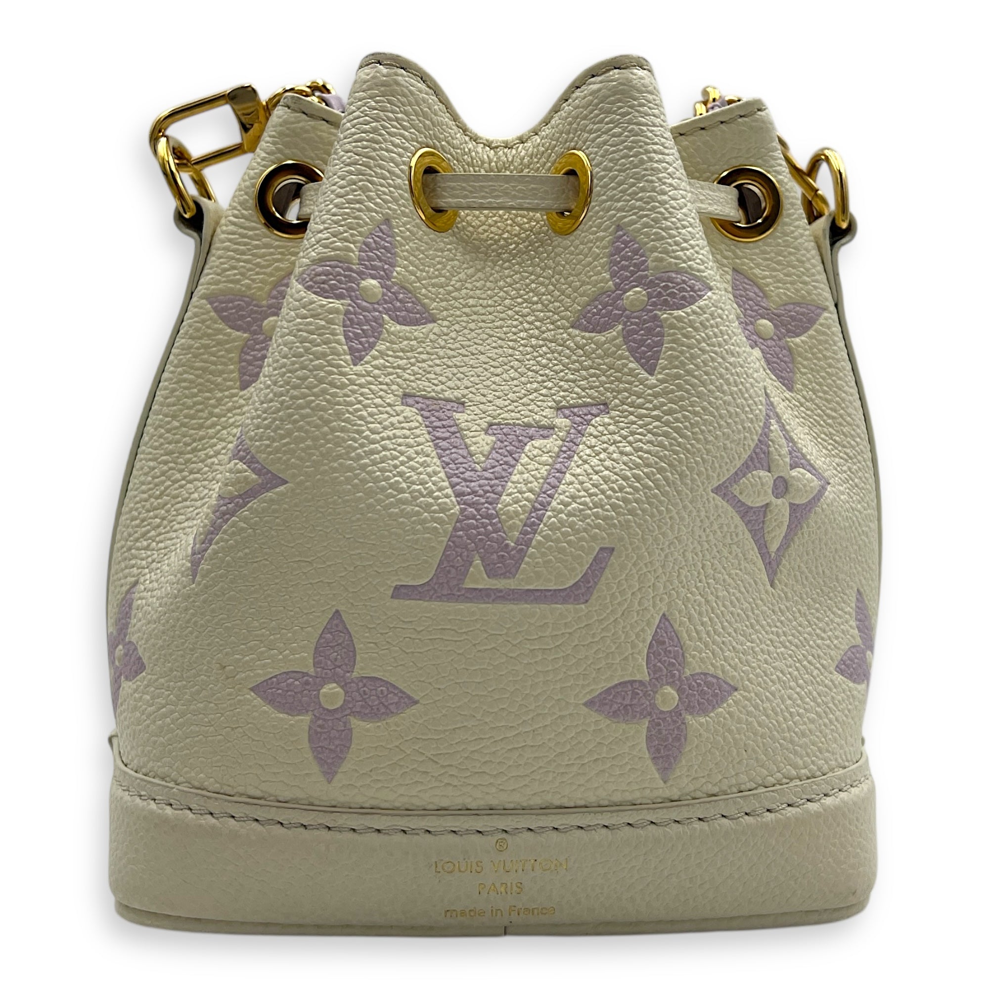 Noe Nano Bubble Tea Lilac/White Bucket Bag in Empreinte Leather, Gold hardware
