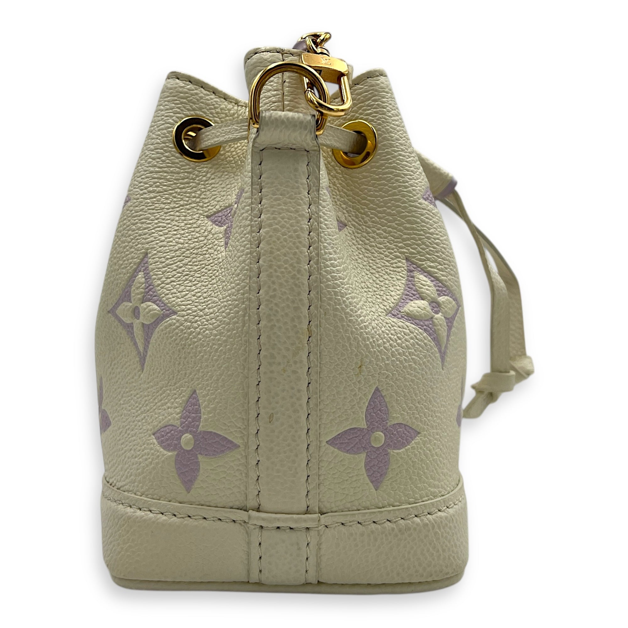 Noe Nano Bubble Tea Lilac/White Bucket Bag in Empreinte Leather, Gold hardware