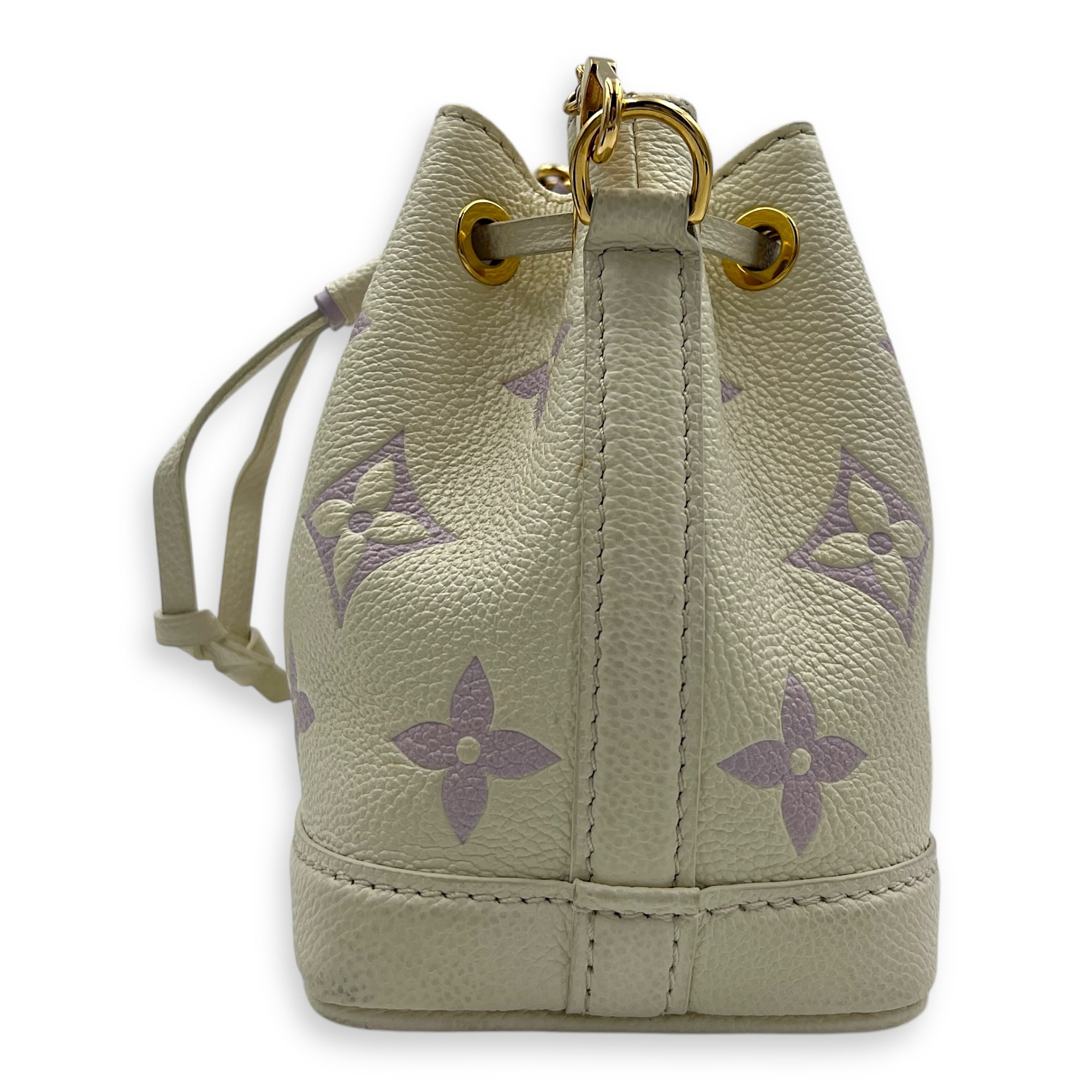 Noe Nano Bubble Tea Lilac/White Bucket Bag in Empreinte Leather, Gold hardware