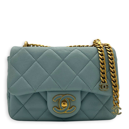 Mini Square Blue Shoulder Bag in Calfskin, Gold Enamel hardware