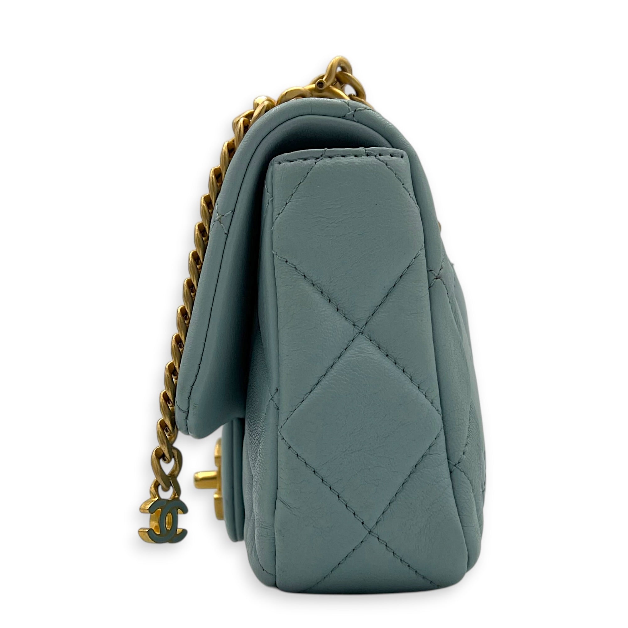 Mini Square Blue Shoulder Bag in Calfskin, Gold Enamel hardware