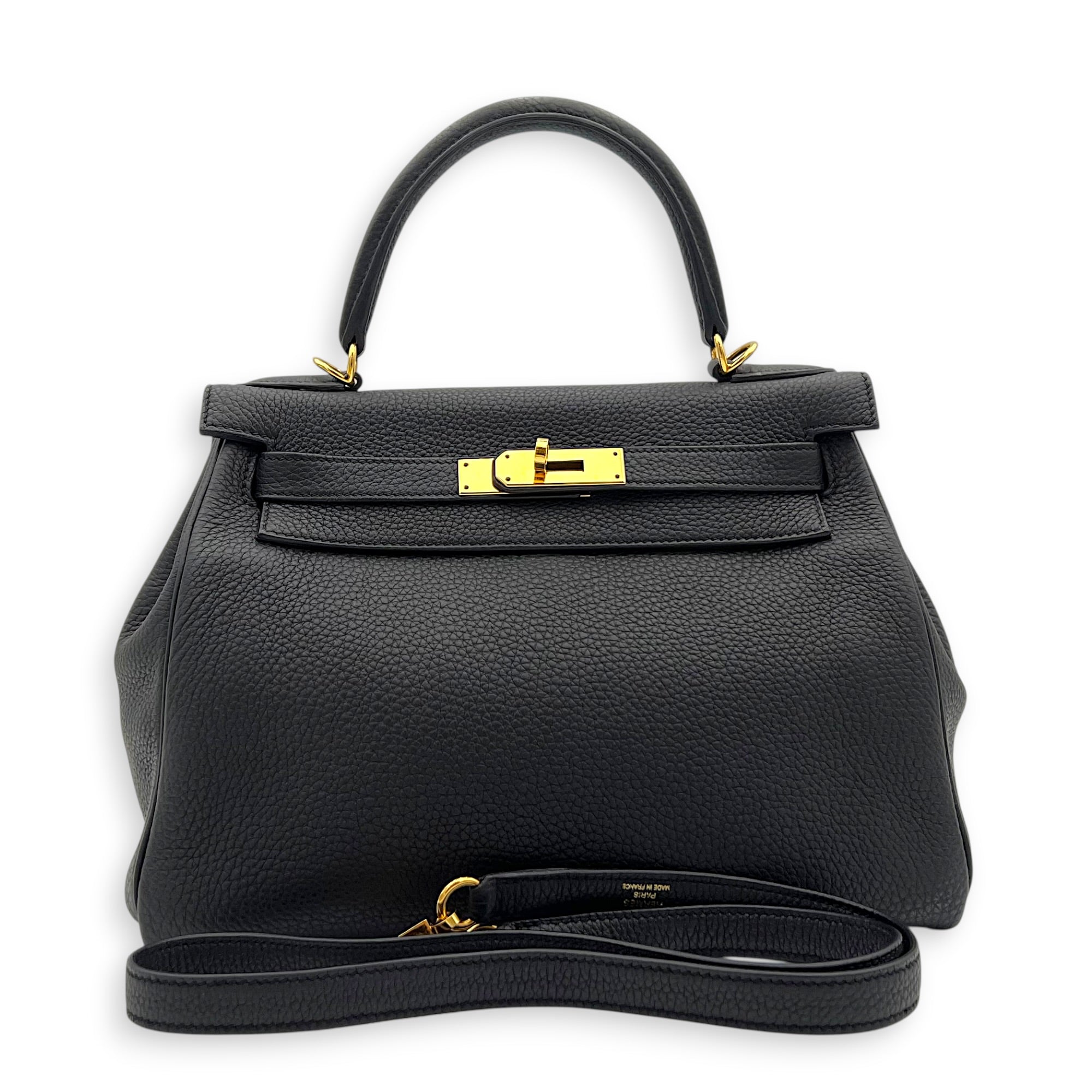 Kelly 28 Noir Top Handle Bag in Togo, Gold hardware