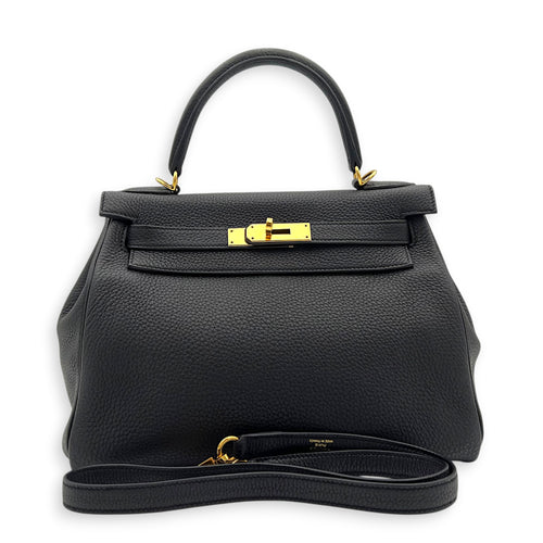 Kelly 28 Noir Top Handle Bag in Togo, Gold hardware