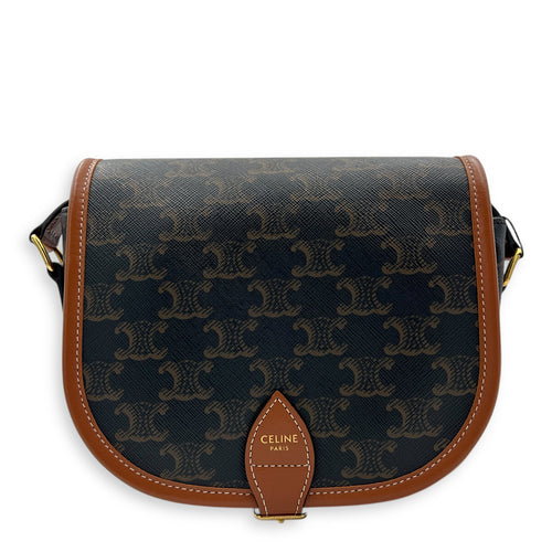 Folco Brown Crossbody Bag in Coated Canvas, Brushed Palladium hardware