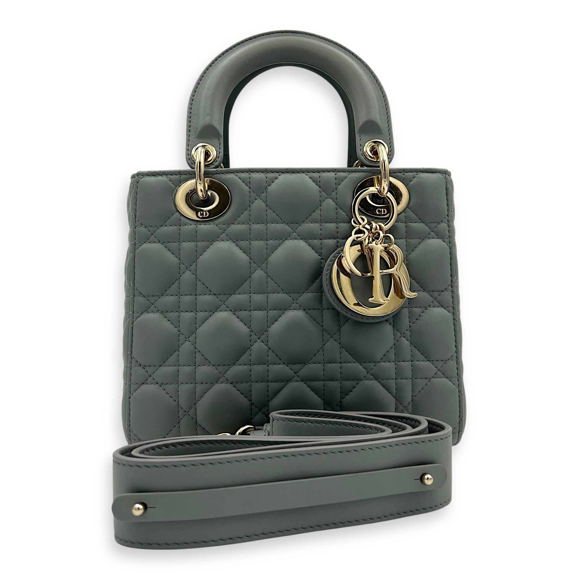 Lady Dior Top Handle Bag Small Grey in Lambskin, Gold hardware
