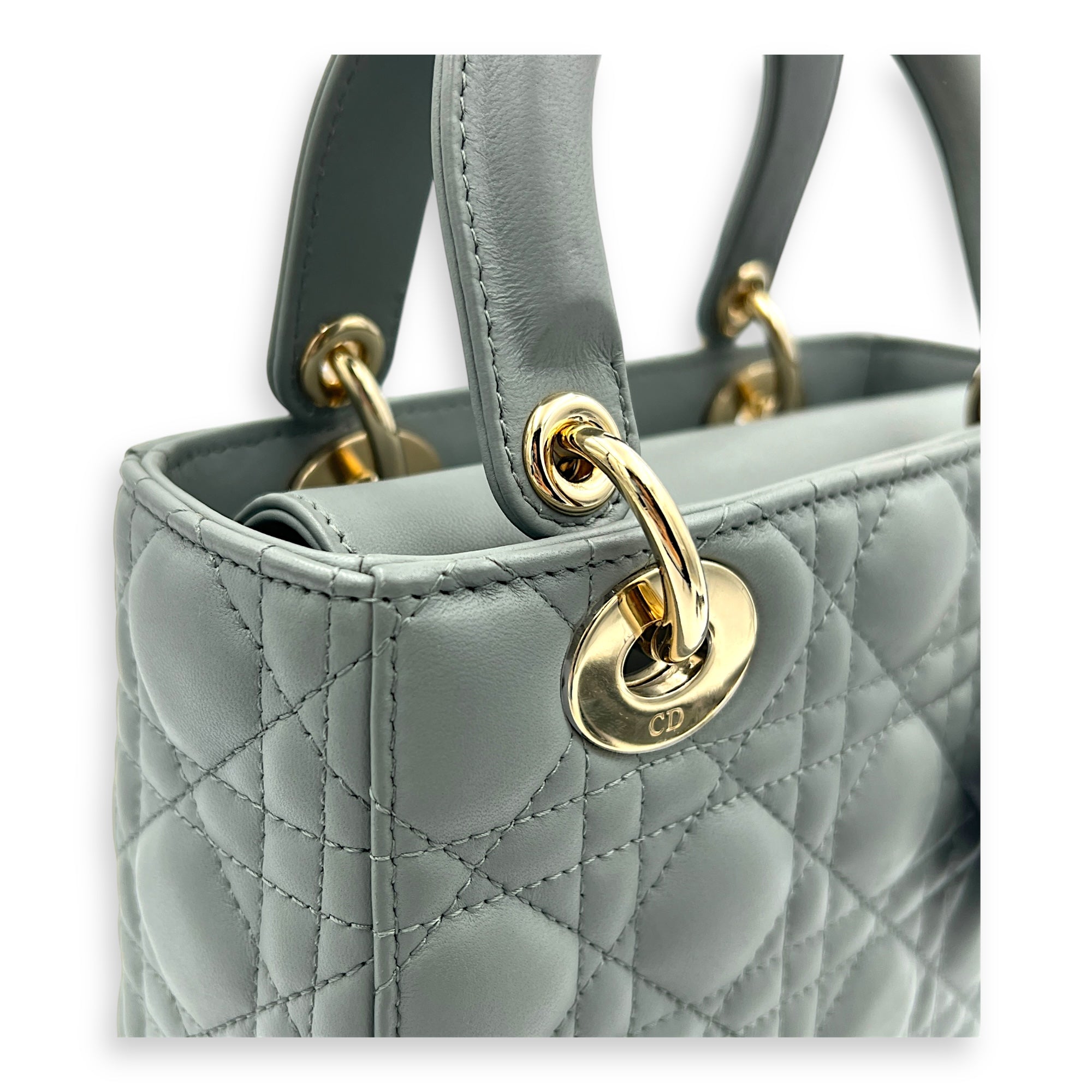 Lady Dior Top Handle Bag Small Grey in Lambskin, Gold hardware