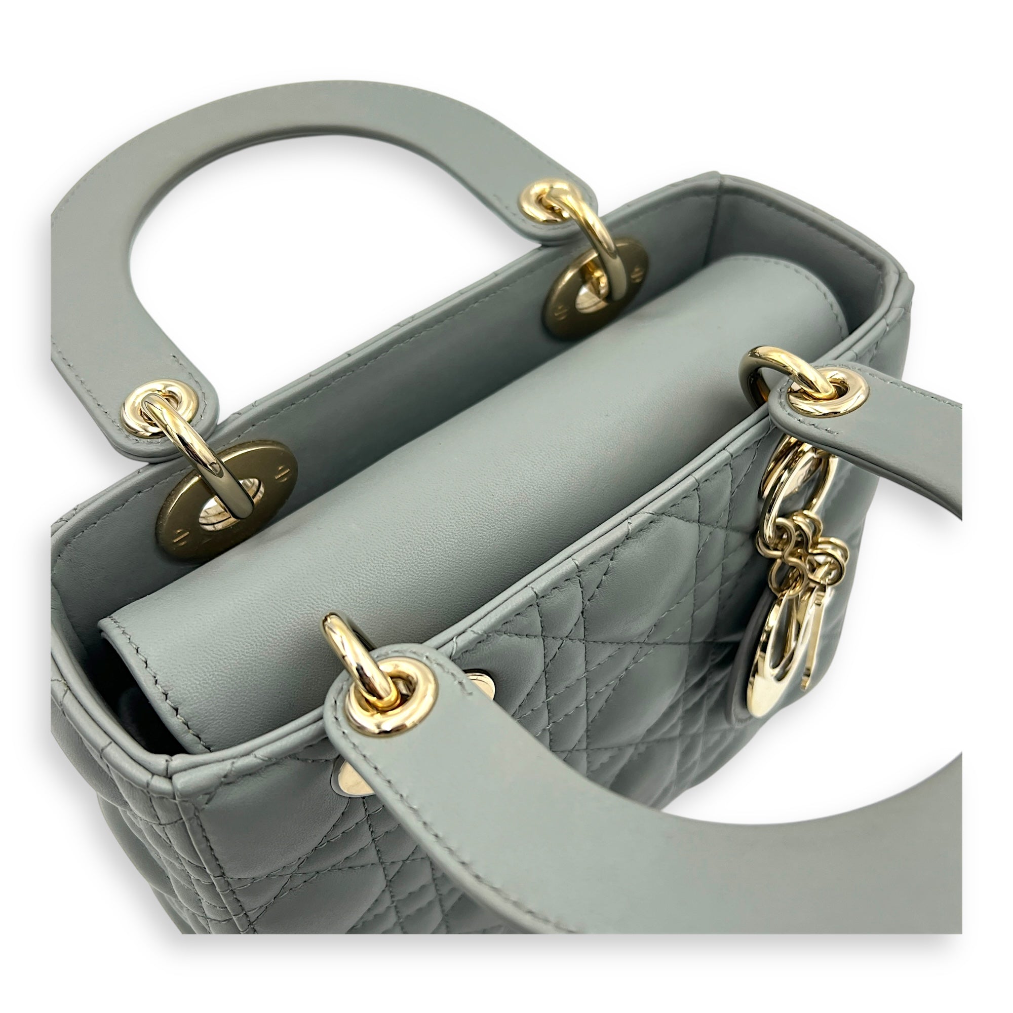 Lady Dior Top Handle Bag Small Grey in Lambskin, Gold hardware
