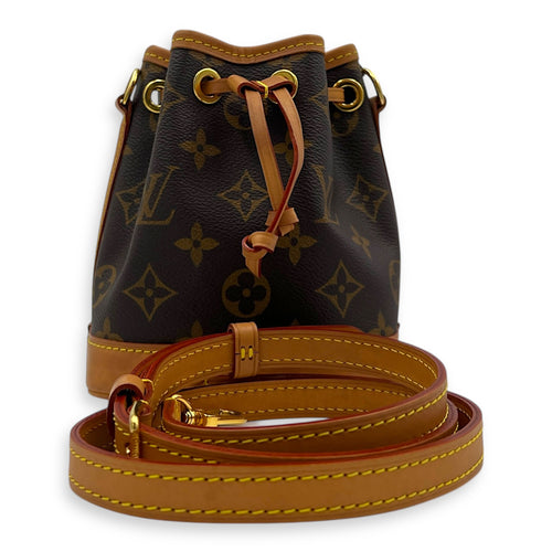 NeoNoe Bucket Bag Nano Brown in Coated Canvas, Gold hardware